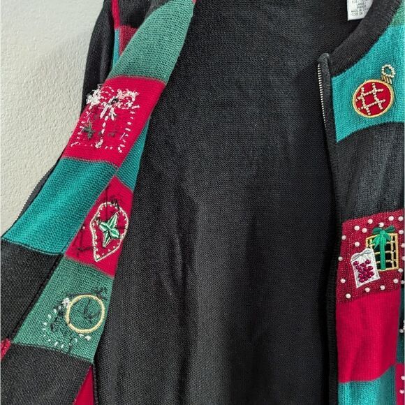 Victoria Jones Vintage 90s Ugly Christmas patchwork 3D beaded sweater cardigan L - Picture 7 of 7